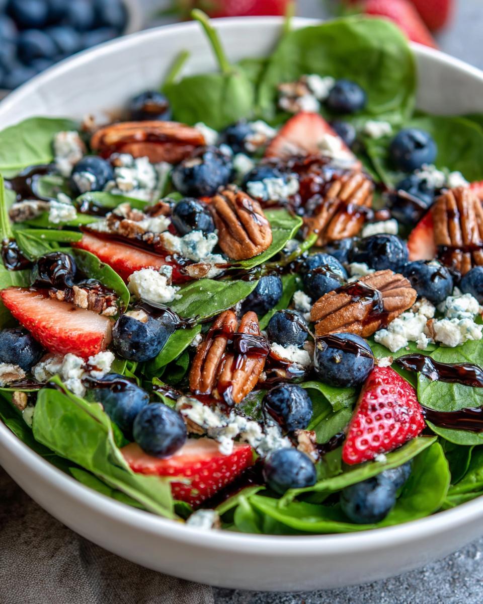 30-Minute Strawberry Spinach Salad with Blueberries, Pecans, Feta cheese, and a Balsamic glaze. - detail 1