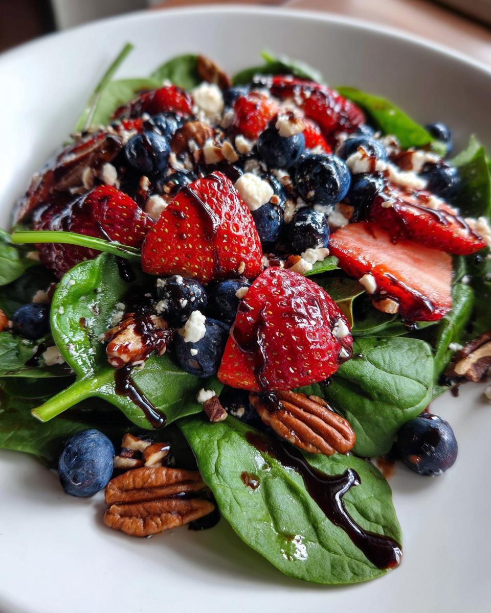 30-Minute Strawberry Spinach Salad with Blueberries, Pecans, Feta cheese, and a Balsamic glaze. - detail 2